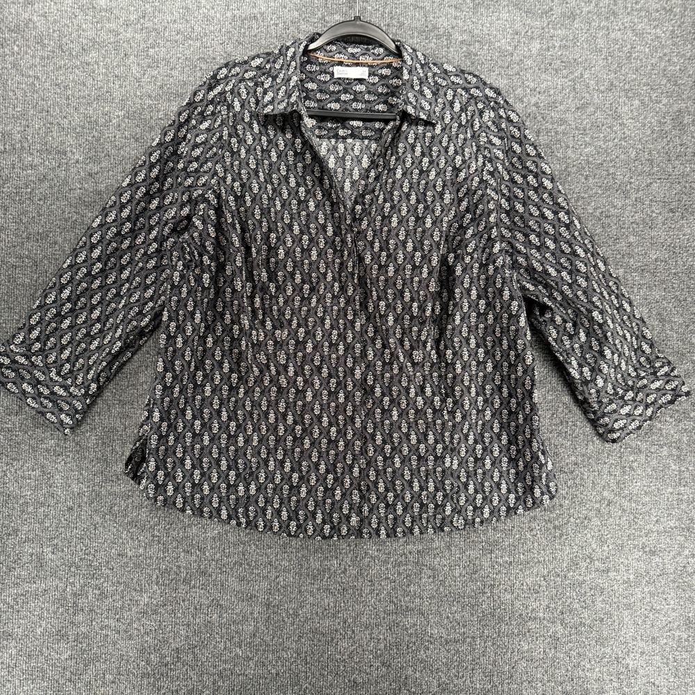 Croft & Barrow Shirt Womens 2X Black Floral Button Up 3/4 Sleeve Boho Cottage‎